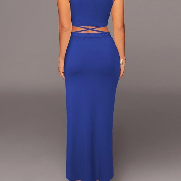 Women's 2 Piece Skirt Set Maxi Dress High Waist Slit Sleeveless Bodycon - Picture 4 of 6